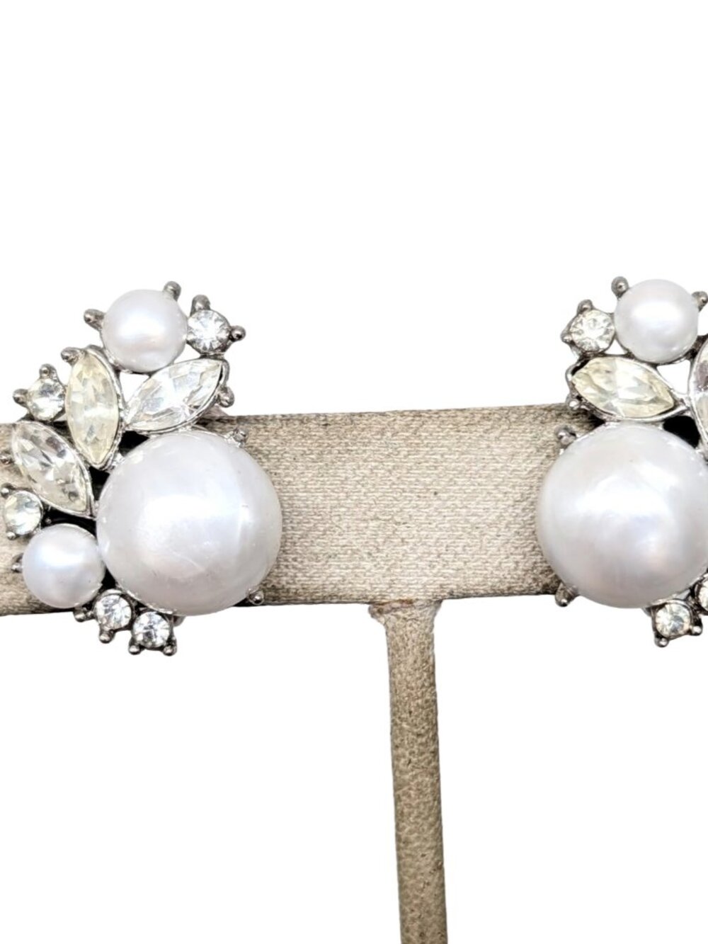 Vintage Signed Crown Trifari Mabe Pearl & Clear Rhinestone Clip Earrings